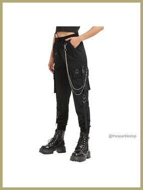High Waist Wide Leg Cargo Pants with Chain Techwear Goth Streetwear
